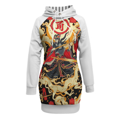 Munsieur women's pullover sweater dress with intricate dragon and warrior graphic design in red black and gold