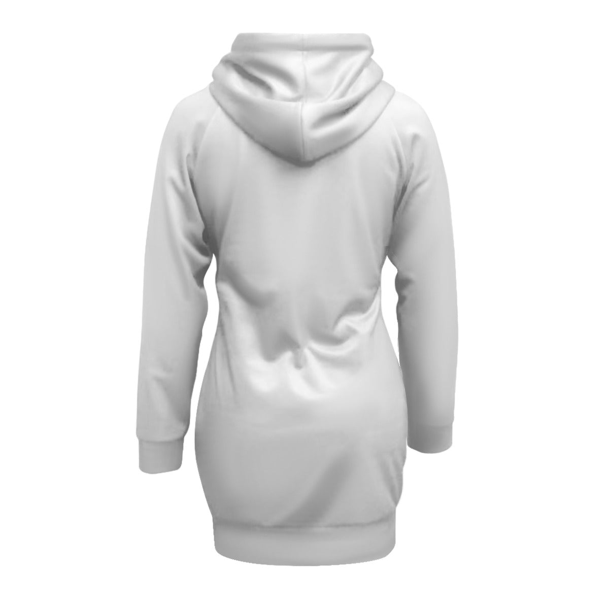 Back view of white women's pullover sweater dress with hood and long sleeves by Munsieur