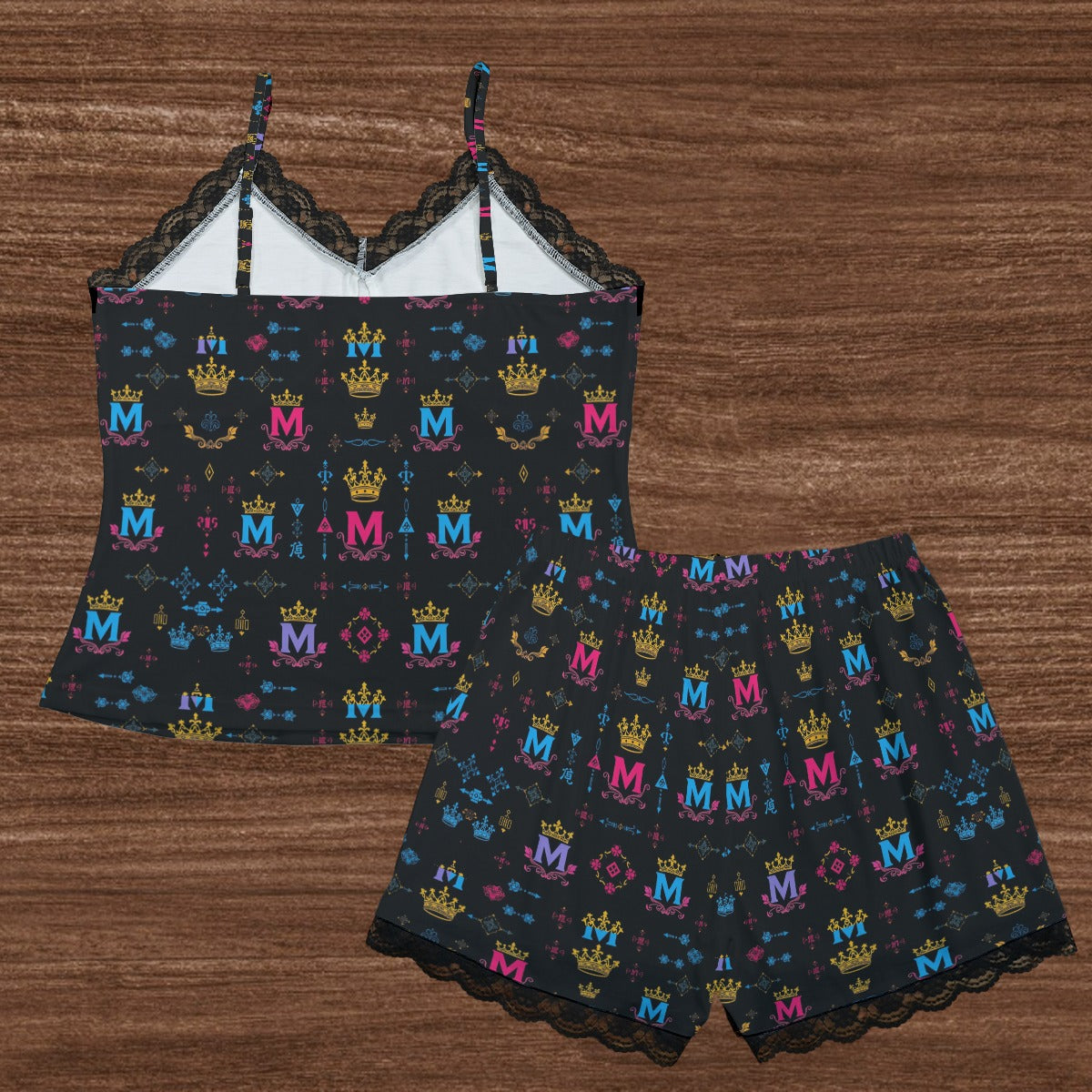 Munsieur women's all-over print loungewear set bottoms plus top with colorful crown and letter patterns on black fabric