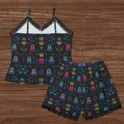 Munsieur women's all-over print loungewear set bottoms plus top with colorful crown and letter patterns on black fabric