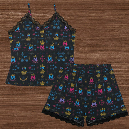Munsieur women's all-over print loungewear set bottoms + top with colorful crowns and M letters on black