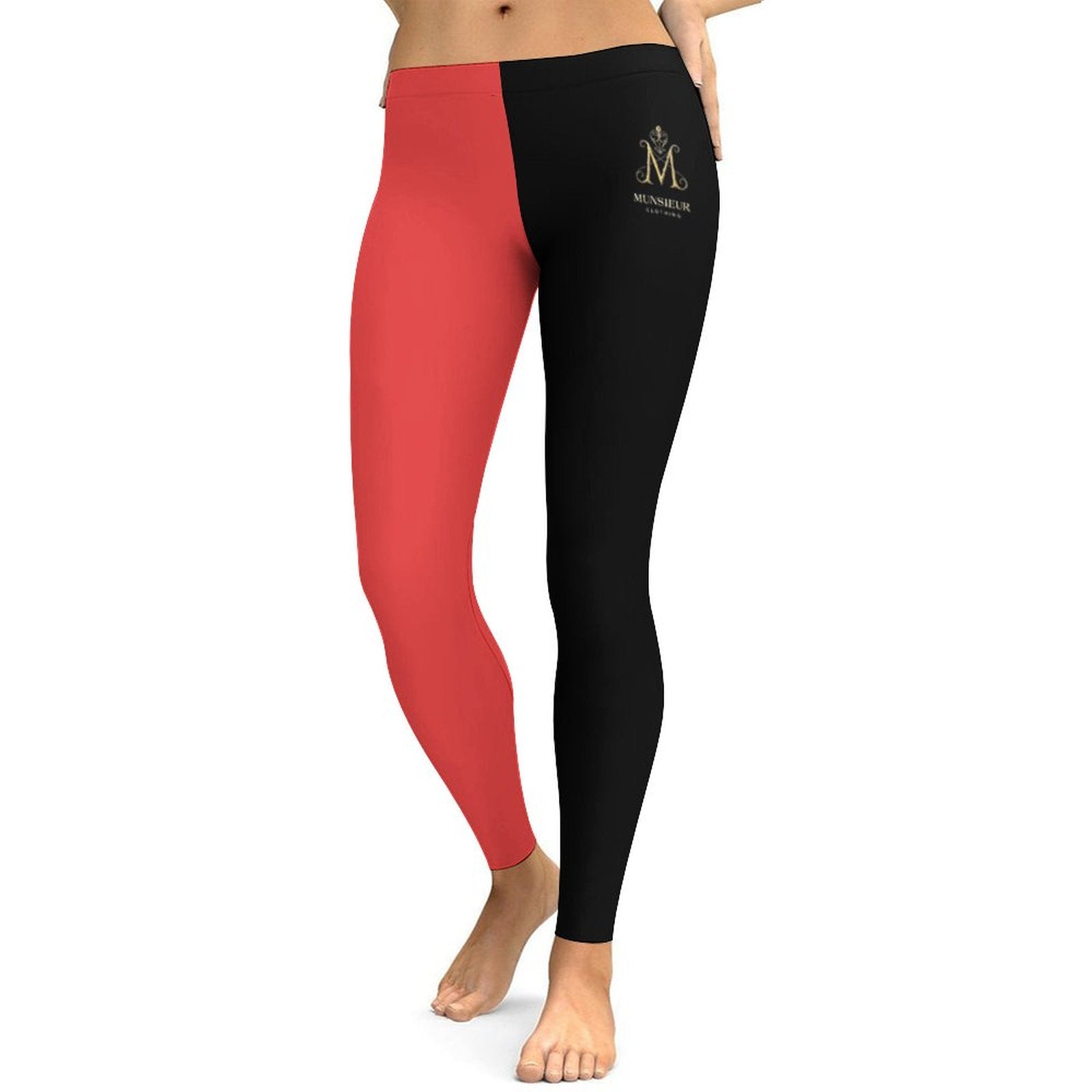 Women's gym to street leggings featuring a stylish black and red color block design for versatile wear
