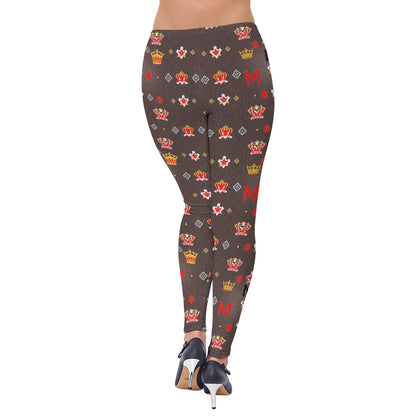 Women wearing Munsieur women's luxury print leggings with colorful crown and star patterns