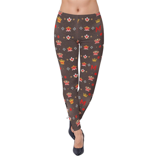 Munsieur women's luxury print leggings with colorful crown and star patterns on dark background