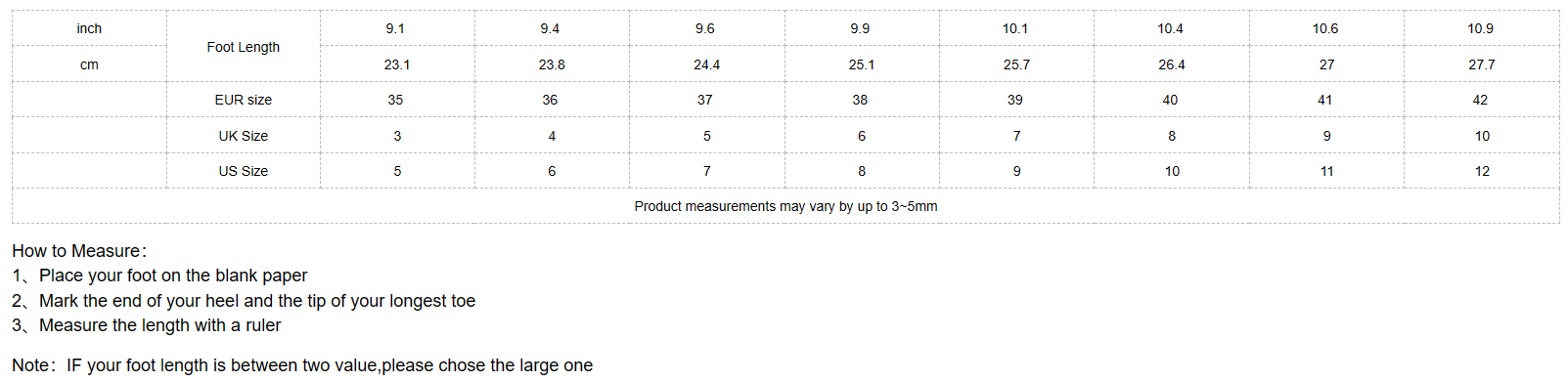 Foot size chart with measurements in inches and centimeters for women's streetwear sneakers by Munsieur