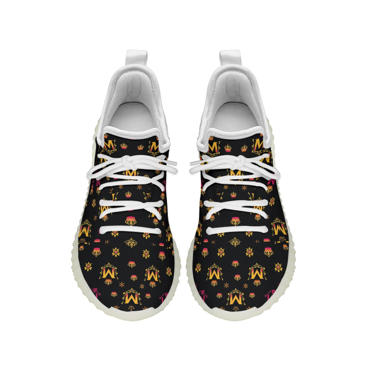 Munsieur women's streetwear sneakers in black with gold crown and logo pattern and white laces